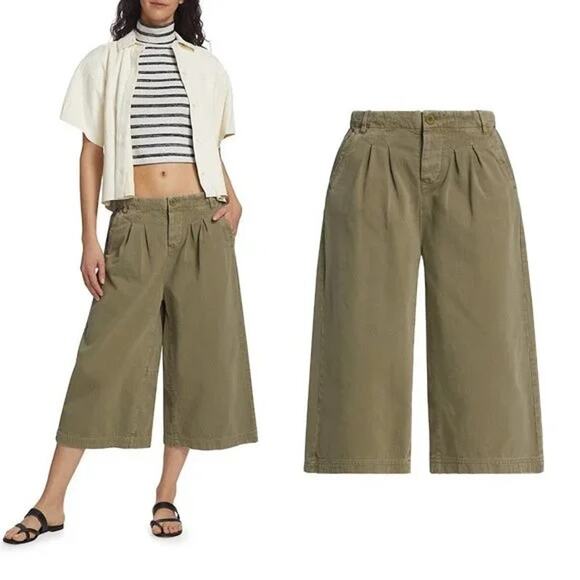 NEW Free People Hard Rain Mid Rise Cropped Gaucho Pants Green Sz 0 (Oversized) - Picture 11 of 16